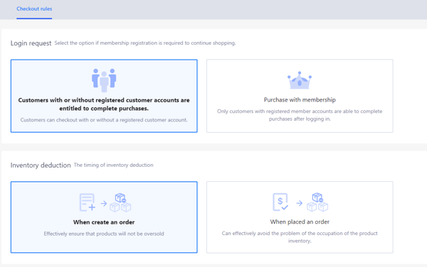 Dropshipping guide by Shoplazza: Screenshot displays the page where users can edit the checkout rules, like login request and inventory deduction.