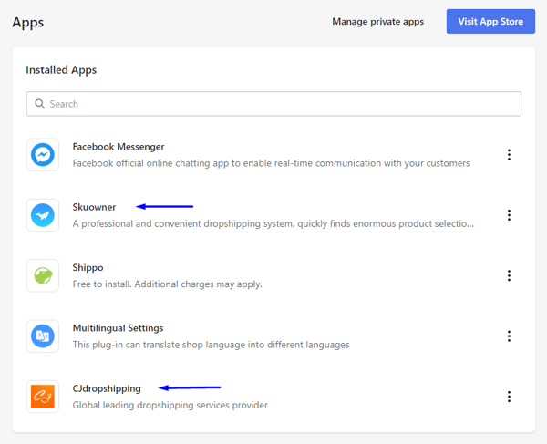 Screenshot in the Shoplazza dropshipping guide shows the page within admin where users can see the installed apps.