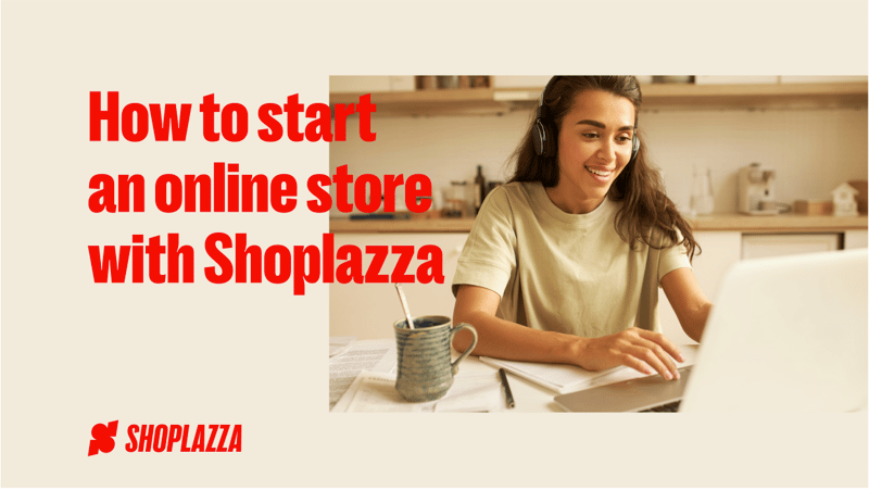 Cover image with the words How to start an online store with Shoplazza, Shoplazza logo and a photo of a woman with long hair, sitting at a table and using a laptop.