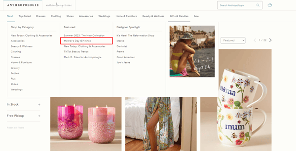 The website of Antropologie as an example of mother's day campaign