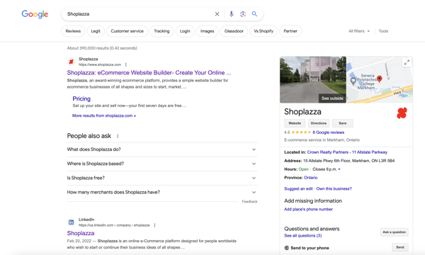 The Google SERP for the keyword Shoplazza, with links to the website and contact information, representing the importance of keywords to the Search Engine Optimization marketing.