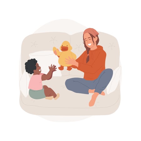 Illustration shows a young person sitting on the sofa with a toddler. The young person is holding a toy duck, handing it over to the toddler. They're both smiling. This image helps show how teenagers can babysit as ways for teens to make money.