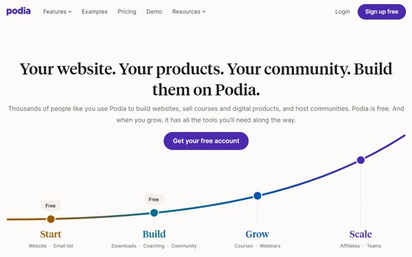 Podia's website with a timeline, sign up buttons, a description and the title, presenting the tool. There's a navigation bar and the webpage is in tons of beige and blue. The image represents how to create an online course.