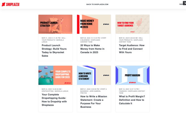 Screenshot shows Shoplazza's blog home page, with six different blog posts being highlighted. Photo serves as an example of using blog posts as part of a content marketing strategy.