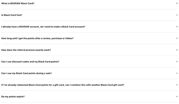 This imagImage shows the FAQ section for BOXRAW’s customer loyalty program.