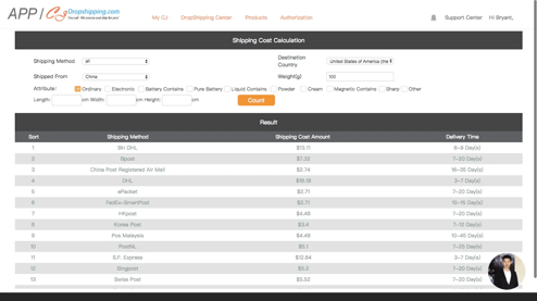 Image that illustrates article on best dropshipping suppliers shows CJDropshipping's website, in the section where ecommerce store owners can do shipping cost calculations.