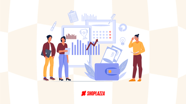 The competitive intelligence conclusion image of our blog, with a squared white and baige backgroud, with an illustration of people analyzing data.