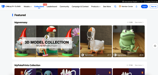 Screenshot shows Creality Cloud's community, where user can scroll through other users' creations, and it was all made possible thanks to Shoplazza.. The screenshot shows the Featured page, with posts by a user called bigovereasy. This user has posted pictures of a 3D-printed goose, a frog and a few gnomes.