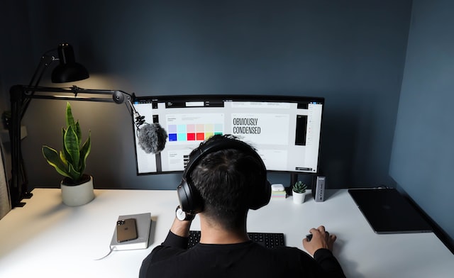 Photo that illustrates blog post on starting an online business in Canada shows a person from behind, sitting at a desk, in front of two monitors. On the monitor screens, they are looking at colour palettes and fonts.