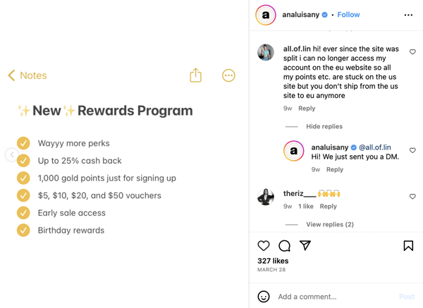 Screenshot shows post where the brand announces their rewards program and answers questions about it on Instagram, as part of their customer service strategy.