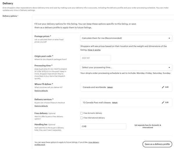 Image shows Etsy's delivery settings for Etsy sellers, where they can select Postage prices, origin post code, processing time, where they'll deliver, delivery services and whether to offer free delivery. Image is part of blog post on how to sell on Etsy.