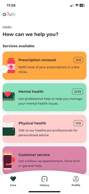 Olive's app home screen, filled with buttons for users to find health care, representing Olive as an mobile commerce.