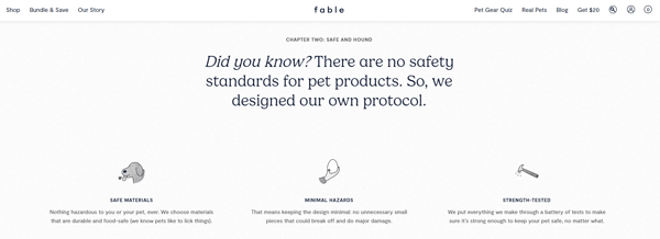 Fable's value proposition, telling a story on how they're building a safe environment for pets, helping to enhance their unique selling proposition.