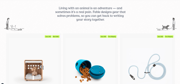 Fable website with their USP on the top of the products pages, guiding clients to buy following their unique selling proposition.