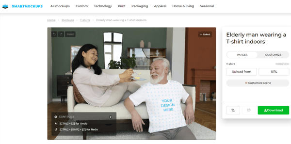 Screenshot shows a free t-shirt mockup template on Smartmockups.