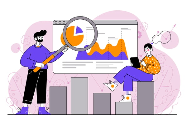 Illustration shows two people next to an over-sized computer browser. One of them is holding an oversized magnifying glass and the other is holding a tablet. On the browser, there are two different charts, alluding to ecommerce metrics.