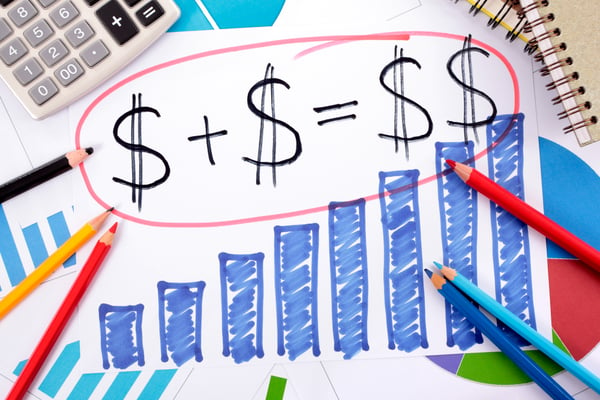 Photo shows a piece of paper with a bar chart and some dollar signs drawn on it, to symbolize how to calculate profit margin.