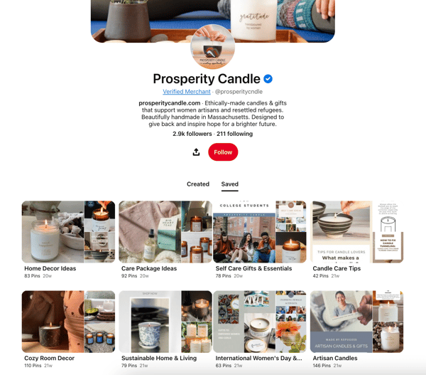 Photo from article on how to make candles at home shows Prosperity Candle's Pinterest account, where the brand has set up several folders with tips for decorating the home.