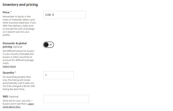 Image shows the setup section Inventory and pricing, where Etsy sellers can define price, whether it's domestic and global pricing, quantity and SKUs. 