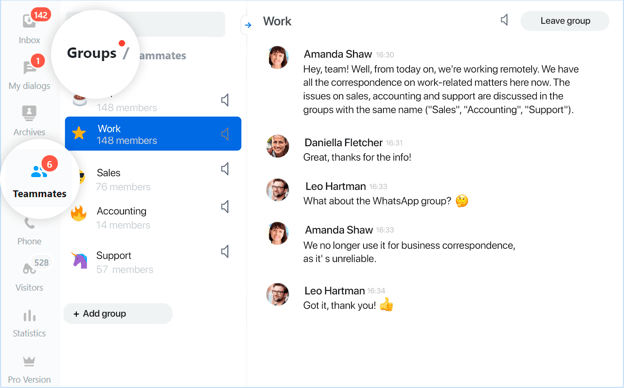 Screenshot shows Jivo Team Chat in use, with team members messaging each other. On the left side menu, there is an item called Teammmates, through which it's possible to chat with team members.