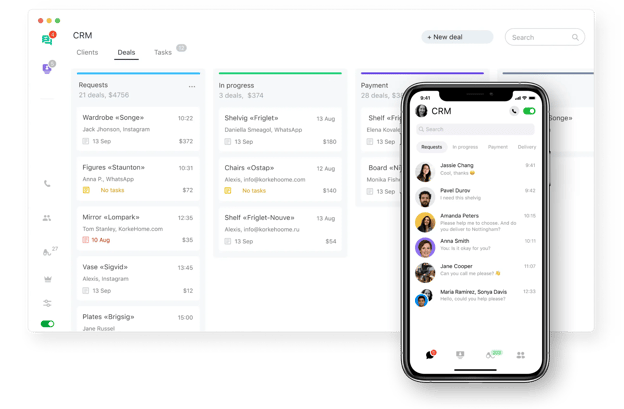 Screenshot shows JivoChat CRM, separating tickets into different categories: Requests, In Progress, and Payment.