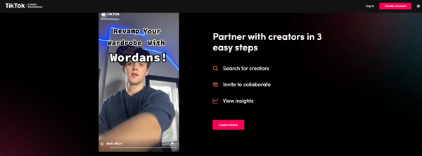 Screenshot shows TikTok Creator Marketplace, with the headline: Partner with creators in 3 easy steps. This image is part of the article on making money on TikTok.