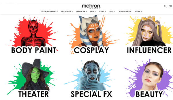 Mehron website, with different categories for body paint, cosplay, influencer, theather, special fx and beauty, representing categories and target markets for makeup business owners.