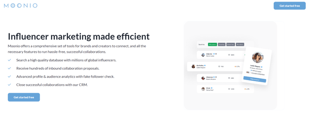 Screenshot of Moonio's homepage, an influence marketing platform.