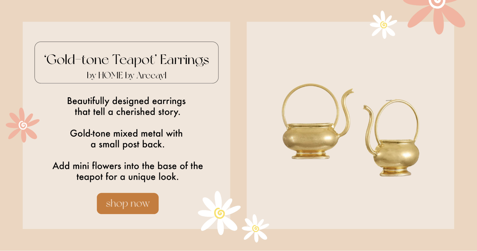 A part of the gift guide, in beige with illustrations of daisies, promoting Teapot' Earrings as mother's day gifts