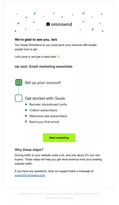 Image shows Omnisend's welcome email examplem, which explains the next steps the customer has to take once they've signed up.