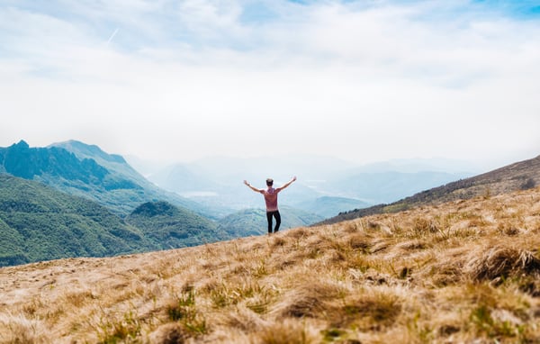 Photo from blog post on passive income ideas shows man in a yellow field with arms extended taking in the scenery 