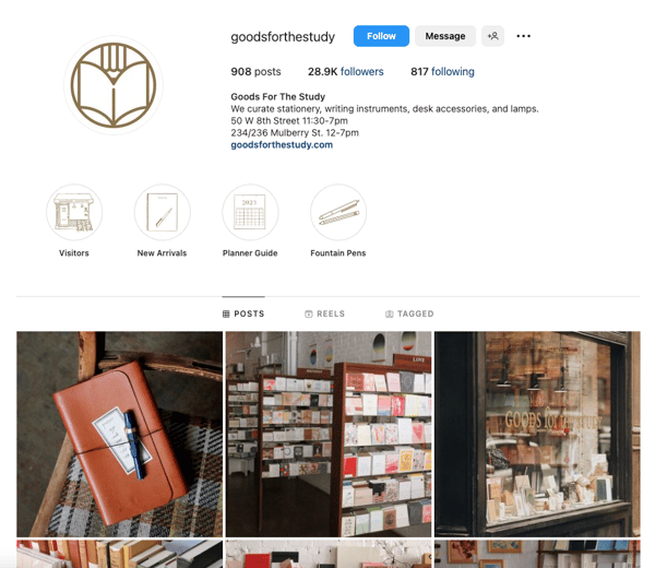 Screenshot of Goods for the Study's Instagram page with New Arrivals in their highlights, a strategy for post launch in article about product launch strategy.