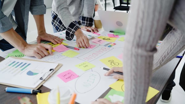 A table filled with with papers, posters and post-its, rounded by people working in a project development