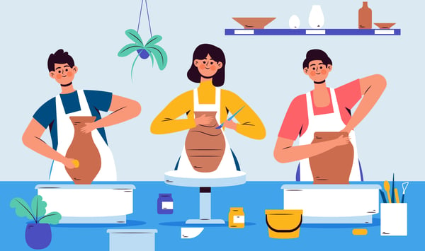 The illustration shows three young people in front of a counter, making vases with clay. This image is to illustrate that selling handmade crafts can be one of the best teenage business ideas.