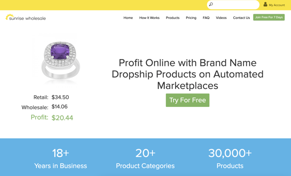 Screenshot shows Sunrise Wholesale's home page, with the words "Profit online with brand name dropship products on automated marketplaces." This image is part of Shoplazza's blog post on how to find the best dropshipping suppliers.