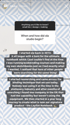 Screenshot of Ola's Instagram Story shows the brand answering the question, When and how did Ola Studio begin? This is an example of user-generated content.