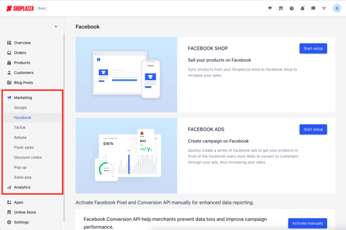 Screenshot from Shoplazza admin shows the many integrations available for marketing solutions on the left-side bar. Photo is part of the What is ecommerce blog post.