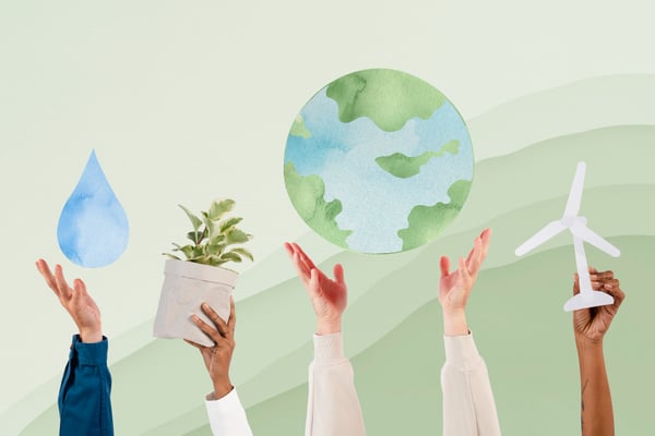 Collage illustrates article on what is green marketing. Collage shows 5 different hands, each one holding an item related to sustainability: a water drop, a potted plant, a globe and a windmill, from left to right.