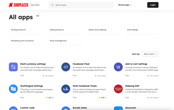 Screenshot in article What is Shoplazza shows the Shoplazza app store, with apps like Multilingual Settings and Facebook Pixel. At the top of the screen, users can select the app category they want to browse, or insert a keyword to search for a specific app.