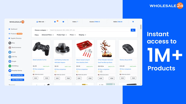 Image shows the words "Instant access to 1M+ products", together with Wholesale2B's logo and their homepage, as they're one of the best dropshipping suppliers out there.