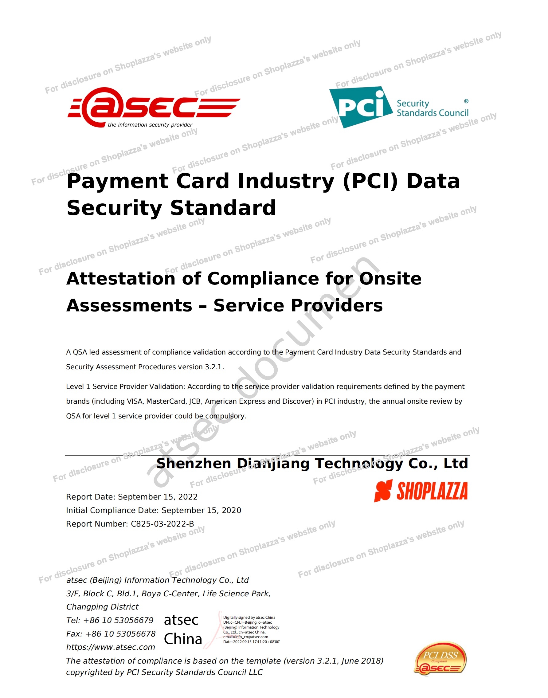 Digital copy of the PCI Certification held by Shoplazza.